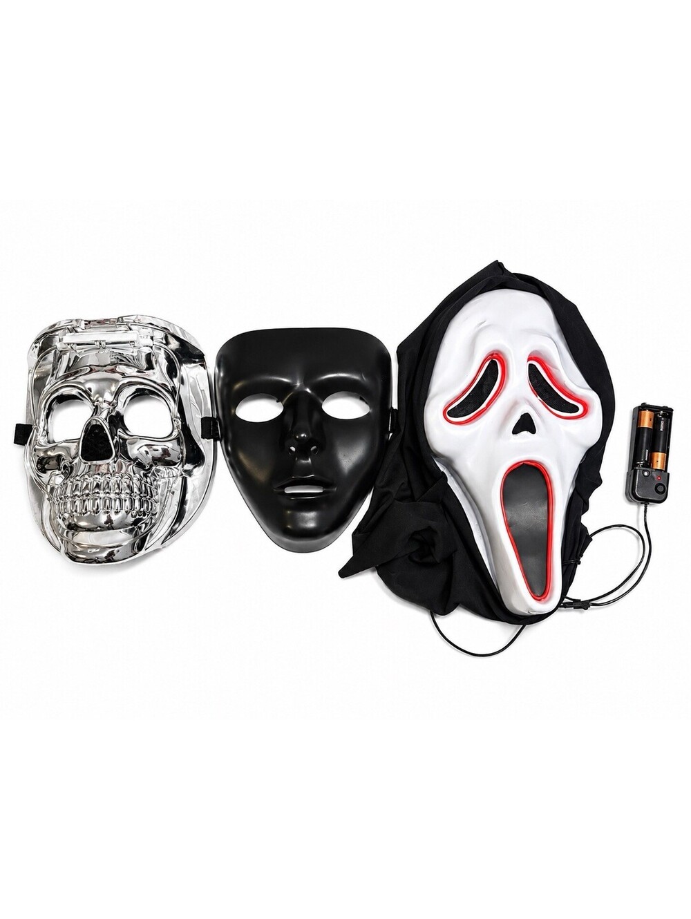 Halloween Mask Lot of 3 – Skull, Black Face & Light-Up Ghost Face Masks